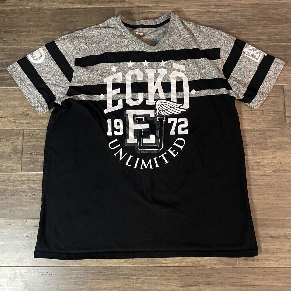 Ecko Unltd Heather Gray Knit Tshirt Short Sleeve 1972 Rhino Striped Mens XL